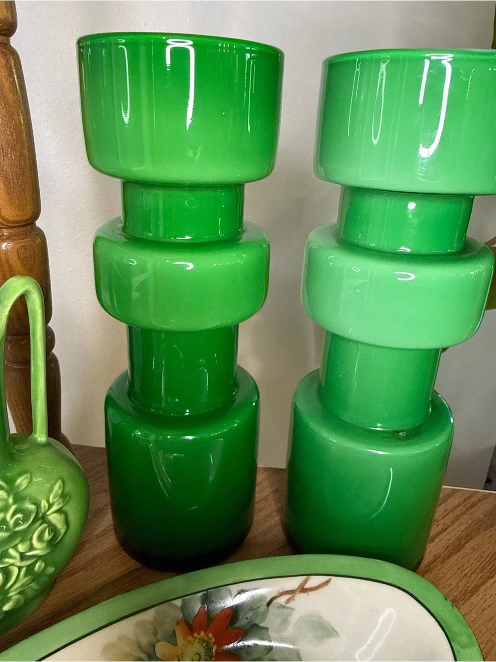 West Elm Green Glass Sculptural Decor/Vase/Candle Holder - Pair